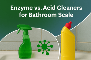 Eco-friendly enzyme-based bathroom cleaner bottle next to acid cleaner used for comparison in removing bathroom scale