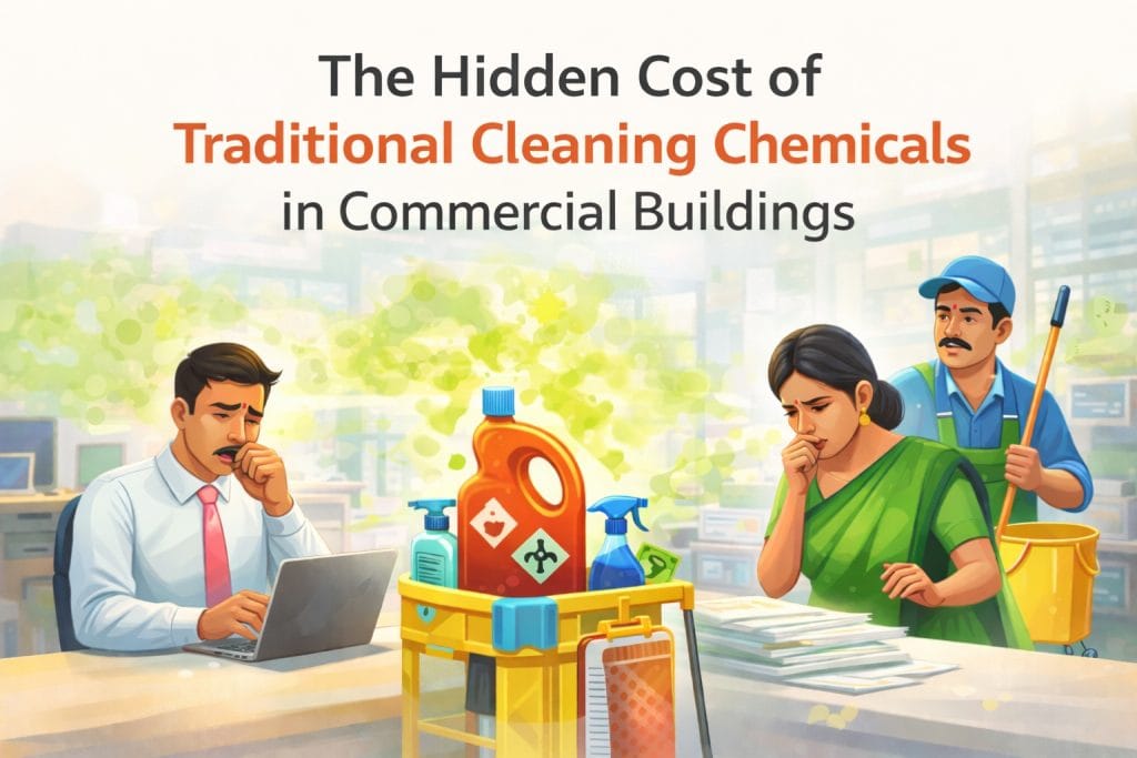 Illustration showing financial and structural damage in commercial buildings caused by harsh traditional cleaning chemicals.