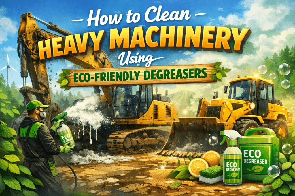 An industrial worker cleaning a large engine block with a spray bottle of eco-friendly degreaser.