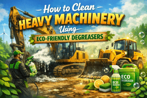 Home 39 An industrial worker cleaning a large engine block with a spray bottle of eco-friendly degreaser.