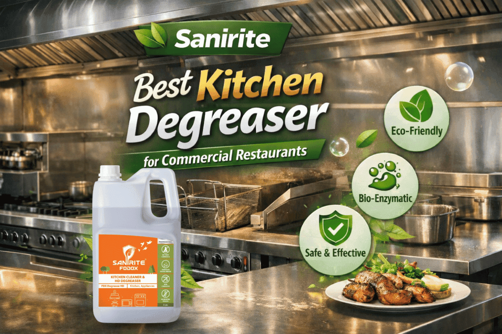 Chef cleaning a commercial stainless steel range hood with eco-friendly bio-degreaser spray.