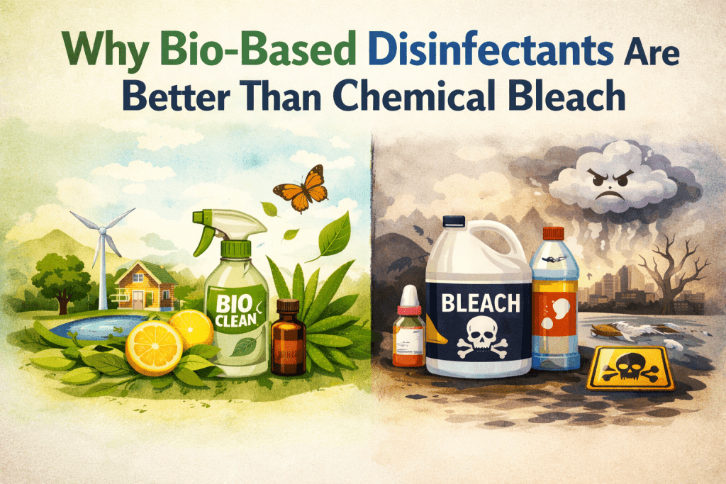 bio-based disinfectants vs bleach comparison showing eco-friendly cleaning solution