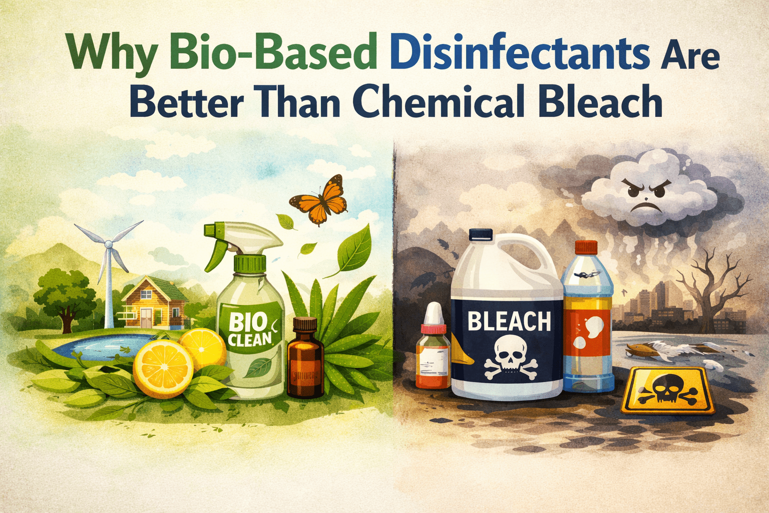 bio-based disinfectants vs bleach comparison showing eco-friendly cleaning solution