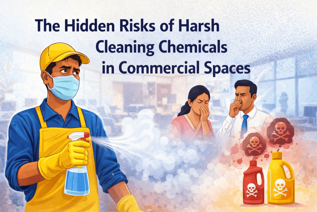 Facility manager reviewing powerful cleaning chemicals and switching to eco-friendly green cleaning solutions for commercial safety.