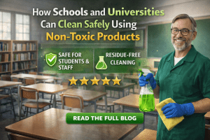 janitor cleaning classroom using non-toxic eco-friendly cleaning products safely