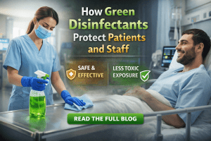 healthcare staff using green disinfectant in hospital ensuring patient safety and clean air
