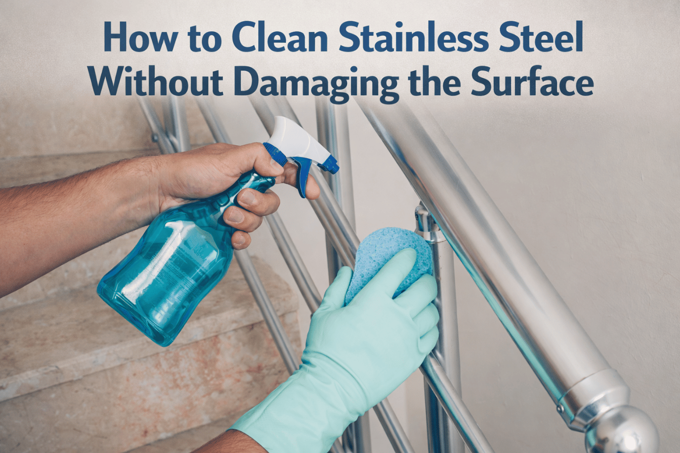 Sanirite Maintenance worker cleaning a stainless steel elevator door with a microfiber cloth and a green cleaning solution.