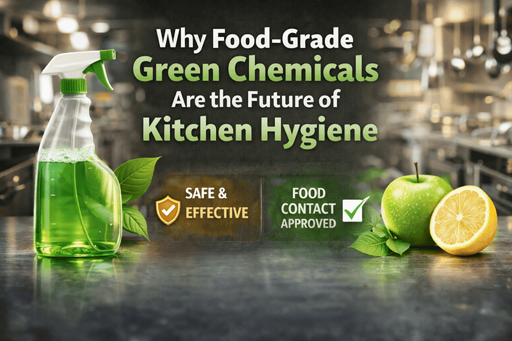 chef cleaning kitchen surface using food-grade green cleaning chemical safely