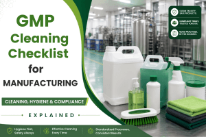 Home 37 Supervisor signing a GMP cleaning checklist record inside a manufacturing facility