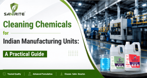 Worker applying industrial degreaser to machinery in a Cleaning chemicals for indian manufacturing units