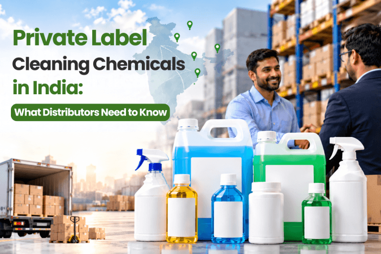 Private label cleaning chemicals manufacturing in India, bottles ready for custom branding