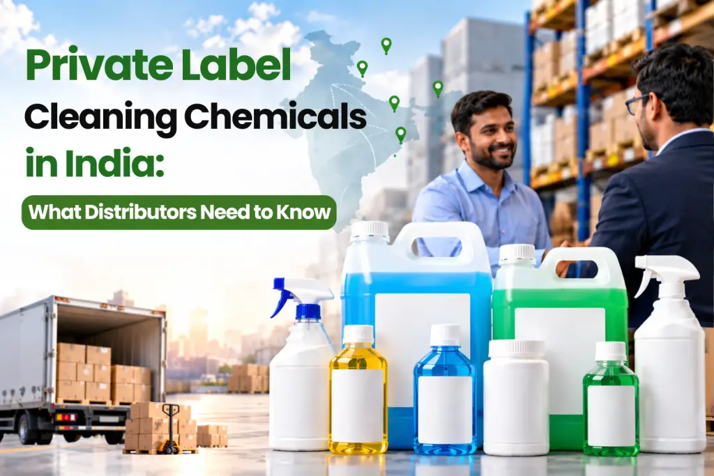 Private Label Cleaning Chemicals in India: What Distributors Need to Know 1 Private label cleaning chemicals manufacturing in India, bottles ready for custom branding